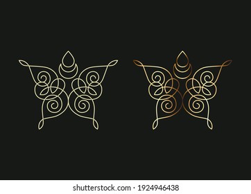 Elemente im Stil von glänzenden Elfen für Logo. Knots, Monde, Blätter, abstrakte Loop-Elemente - esoterische und organische Kosmetikkonzepte für die Markenbildung. Mono und goldene Farbe. Vektorgrafik