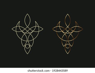 Thin line celtic elven style elements for logo. Knots, moons, leaves, abstract loop elements - esoteric and organic cosmetics concepts for branding. Mono and golden color. Vector illustration