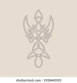 Símbolo de estilo elfo celta de línea delgada. Icono del logotipo del contorno abstracto del nudo y la luna de Triquetra - conceptos cosméticos esotéricos y orgánicos para el logotipo y la marca. Elementos de bucle. Ilustración del vector