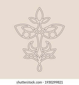 Thin line celtic elven style symbol. Leaves and moon abstract outline logo icon - esoteric and organic cosmetics concepts for logotype and branding. Loop elements. Vector illustration
