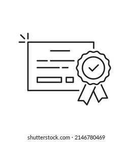 thin line certificate or license like qualification icon. linear modern win or reputation logotype graphic web design element isalated on white. concept of best product for partner or academic doc