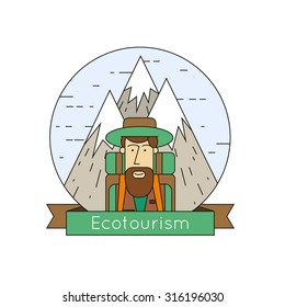 Thin line Character mountains in the background and icons Eco-tourism. Tourist. Flat design.