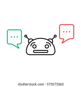 thin line chatbot with chatter box. concept of chatting, robotic face, ai, sms script, notice, smiley, mobile speak. linear style trend modern logotype graphic design element on white background