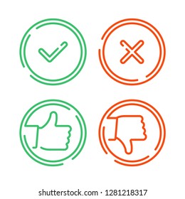 Thin line check mark icons set isolated on white background. Like and Dislike. Green tick and red cross checkmarks buttons in flat style. Yes or No, confirm or reject signs. Vector illustration EPS 10