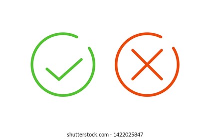Thin line check mark icons. Green tick and red cross checkmarks flat line icons set. Vector illustration isolated on white background