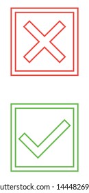 Thin line check mark icons. Green tick and red cross checkmarks flat line icons set. Vector illustration isolated on white background