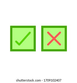 Iconos de marca de marca de línea delgada. Los iconos de línea plana de marcas de graduación verde y cruces rojas. Ilustración del vector sobre fondo blanco