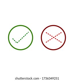 Iconos de marca de marca de línea delgada. Marcas de verificación cruzadas verdes con marca de graduación y rojo con iconos de línea plana. Ilustración del vector sobre fondo blanco