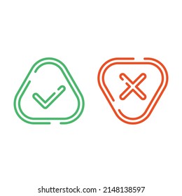 Thin line check mark icons set isolated on white background. Green tick and red cross checkmarks buttons in flat style. Yes or No confirm or reject signs. Vector illustration EPS 10.