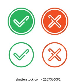 Thin line check mark icons set isolated on white background. Green tick and red cross checkmarks buttons in flat style. Yes or No confirm or reject signs. Vector illustration EPS 10.
