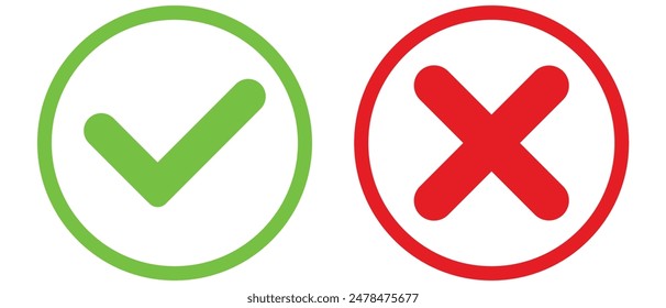 Symbole für dünne Häkchen. Grüne Häkchen und rote Häkchen setzen flache Linien-Symbole. Vektorillustration isoliert auf weißem Hintergrund. EPS 10