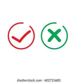 Thin line check mark icons. Green tick and red cross checkmarks flat line icons set. Vector illustration isolated on white background