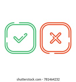 Thin line check mark icons set isolated on white background. Green tick and red cross checkmarks buttons in flat style. Yes or No / confirm or reject signs. Vector illustration EPS 10.