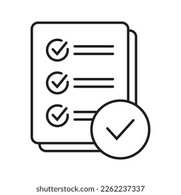 Thin line checklist with mark icon, report icon on white background.
