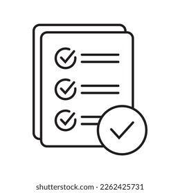 Thin line checklist with mark icon, report icon on white background.