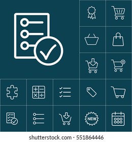 thin line checklist, report icon on blue background, shopping icons set
