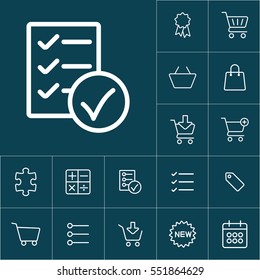 thin line checklist, report icon on blue background, shopping icons set