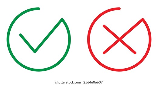 Thin line checkmark icon and thin line cross mark symbol