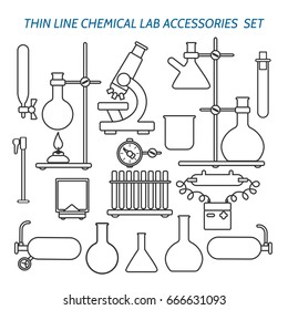 Thin line chemical lab equipment and accessories set. Biology science and medical engineering linear vector icons