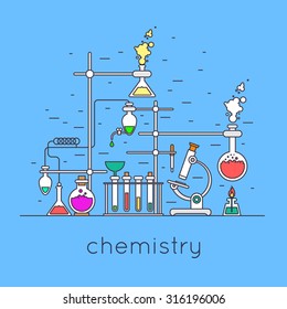 Thin line chemistry laboratory workspace and science equipment concept. Flat design vector illustration.