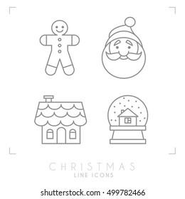 Thin line christmas icons. Gingerbread house, glass snowball, Santa Claus avatar and gingerbread man.