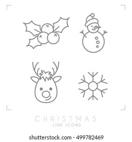 Thin line christmas icons. Holly berries, snowmen in hat, reindeer and snowflake.