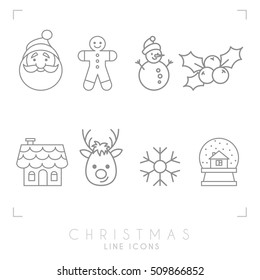 Thin line christmas icons set. Gingerbread house, glass snowball, Santa Claus avatar, gingerbread man, deer, snowflake, snowman, holly berry.