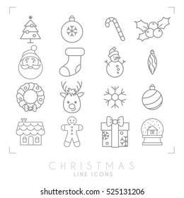 Thin line christmas icons set. Gingerbread house, glass snowball, Santa Claus avatar, gingerbread man, deer, snowflake, snowman, holly berry, candy, tree, wreath, decoration, gift box.