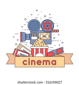 Thin line Cinema icons in circle. Tickets, cinema, glasses, popcorn. Flat icons vector illustration.