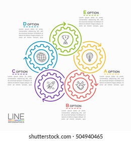 Thin line circle infographic template with gears cogwheels 5 steps, processes, parts, options. Vector illustration.