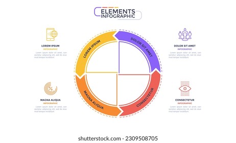 Plantilla de infografía de negocios circular en línea delgada con flechas. Ilustración vectorial. Ciclo con 4 opciones, pasos o secciones. componente de presentación de datos visuales