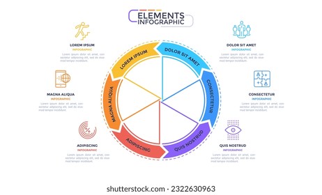 Plantilla de infografía de negocios circular en línea delgada con flechas. Ilustración vectorial. Ciclo con 6 opciones, pasos o secciones. componente de presentación de datos visuales