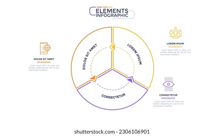 Thin line circular vector infographic elements. Cycle for three steps,  stages or processes. Outline segments of round instructional graphic. Visual data presentation component