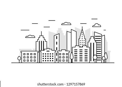 Thin line city background.  Cityscape concept. Vector illustration with building, skyscraper, architecture.