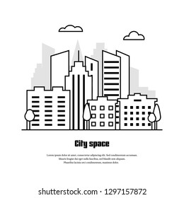 Thin line city background.  Cityscape concept with modern text. Vector illustration with building, skyscraper, architecture.
