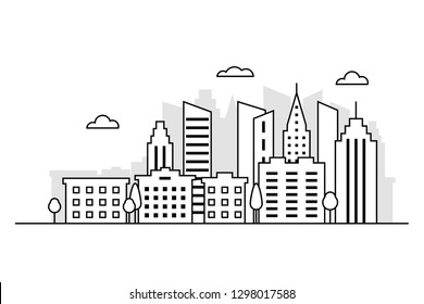 Fondo de ciudad delgado.  Concepto moderno de paisaje urbano. Ilustración vectorial con edificio, rascacielos, arquitectura.