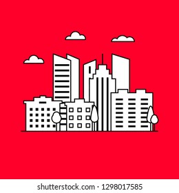 Thin line city background.  Square cityscape concept on red backdrop. Vector illustration with building, skyscraper, architecture.