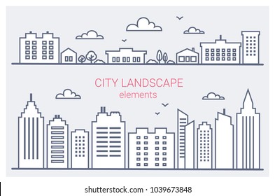 Thin line City buildings set. Downtown landscape with high skyscrapers. Panorama architecture City landscape template. Goverment buildings outline illustration. Urban life elements Vector illustration