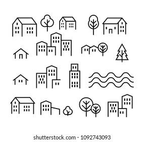 Conjunto de iconos de ciudad de línea delgada
