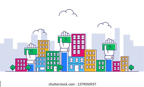 Thin line City landscape. Buildings investment for real estate