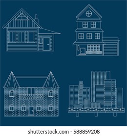 Thin line city landscape concept illustration. View of the business center of a big city. Flat design abstract vector backgroundset. Art illustration wooden house vector landscape