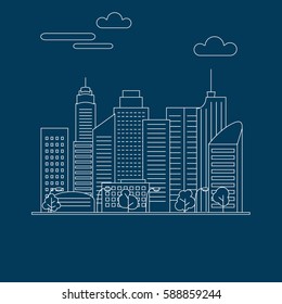 Ilustración de concepto de paisajes urbanos en línea delgada. Vista del centro de negocios de una gran ciudad. Fondo vectorial abstracto de diseño plano