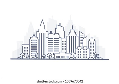 Thin line City landscape. Downtown landscape with high skyscrapers. Panorama architecture City landscape template. Goverment buildings Isolated outline illustration. Urban life Vector illustration