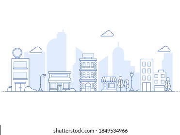 Thin line City landscape. Downtown landscape with high skyscrapers. Panorama architecture City landscape template. buildings and store, shop Isolated outline illustration.