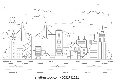 Thin line City landscape. Downtown landscape with high skyscrapers. Panorama architecture City landscape template. buildings and store, shop Isolated outline illustration.