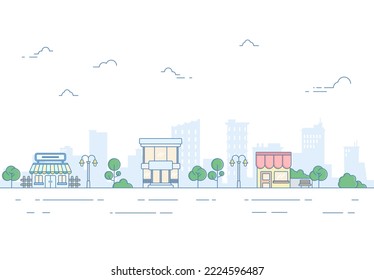 Thin line City landscape. Downtown landscape with high skyscrapers. Panorama architecture City landscape template. buildings and store, shop Isolated outline illustration.