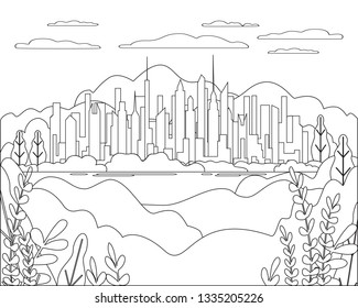 Thin line city landscape flat. Panorama design urban modern city with high skyscrapers, buildings, mountains, hills, trees, sky, clouds and sun Line art  abstract backround, linear vector illustration
