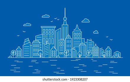 Thin line City landscape on blue background. Panorama architecture buildings outline. Urban life Vector illustration. City center with skyscrapers on the water background