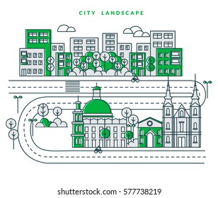 Thin line city landscape with trees. Flat design vector illustration.