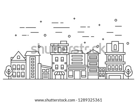 Thin line city landscape with trees. Flat design vector illustration